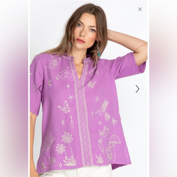 Johnny Was Tops - Johnny Was NOAH EASY V‑NECK Embroidered Top Mandarin Collar Purple Lilac Size M